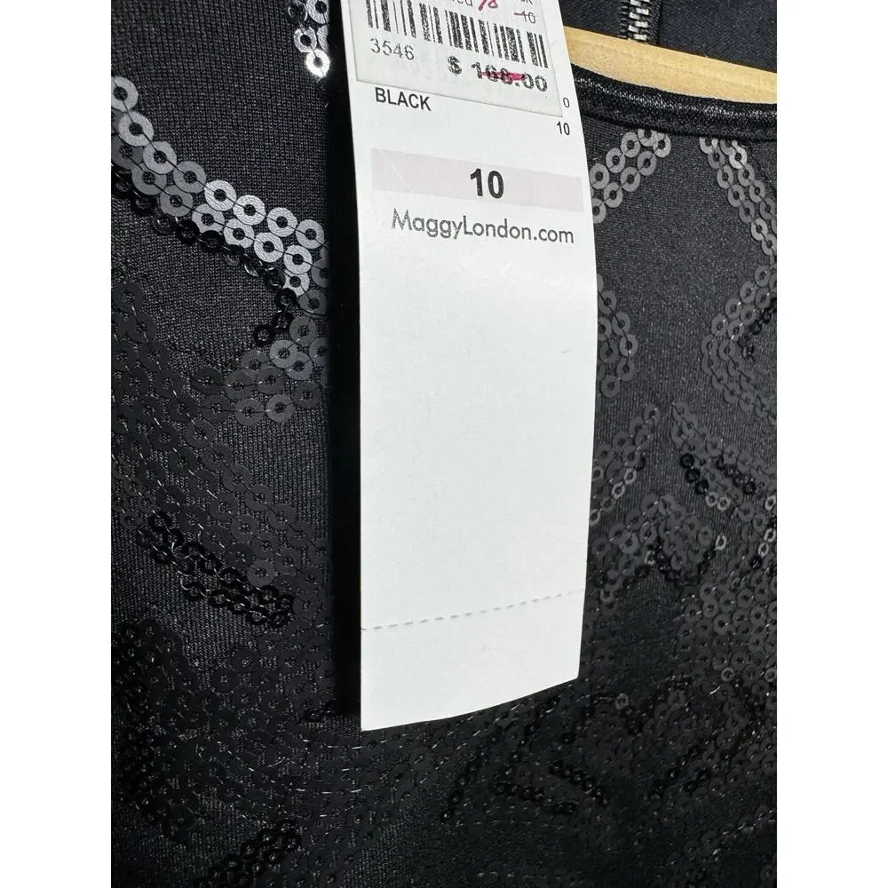Maggy London Black Sequined Sheath Dress Size 10 NWT Holiday Cocktail MSRP 148